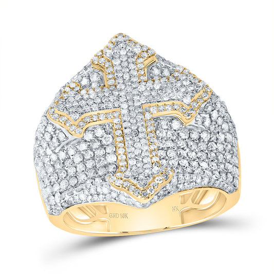 10kt Yellow Gold 2 1/2 Cttw Diamond Cross Mens Ring, Men Size: 8-12