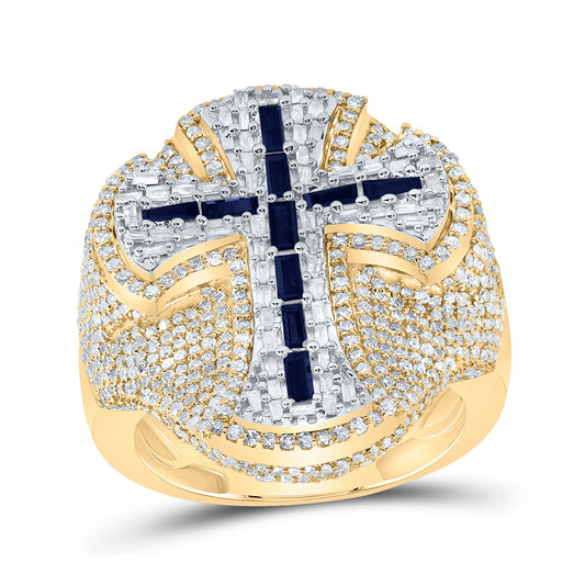 10kt Yellow Gold 2 7/8 Cttw Diamond and 1  Cttw Bag Blue Sapphire Natural Gem Cross Mens Ring, Men Size: 8-12