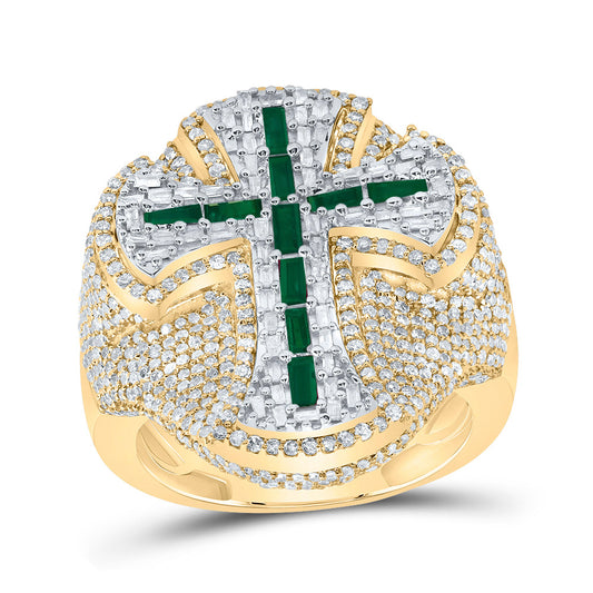 10kt Yellow Gold 2 7/8 Cttw Diamond 3/4 Cttw Bag Emerald Natural Gem Cross Mens Ring, Men Size: 8-12
