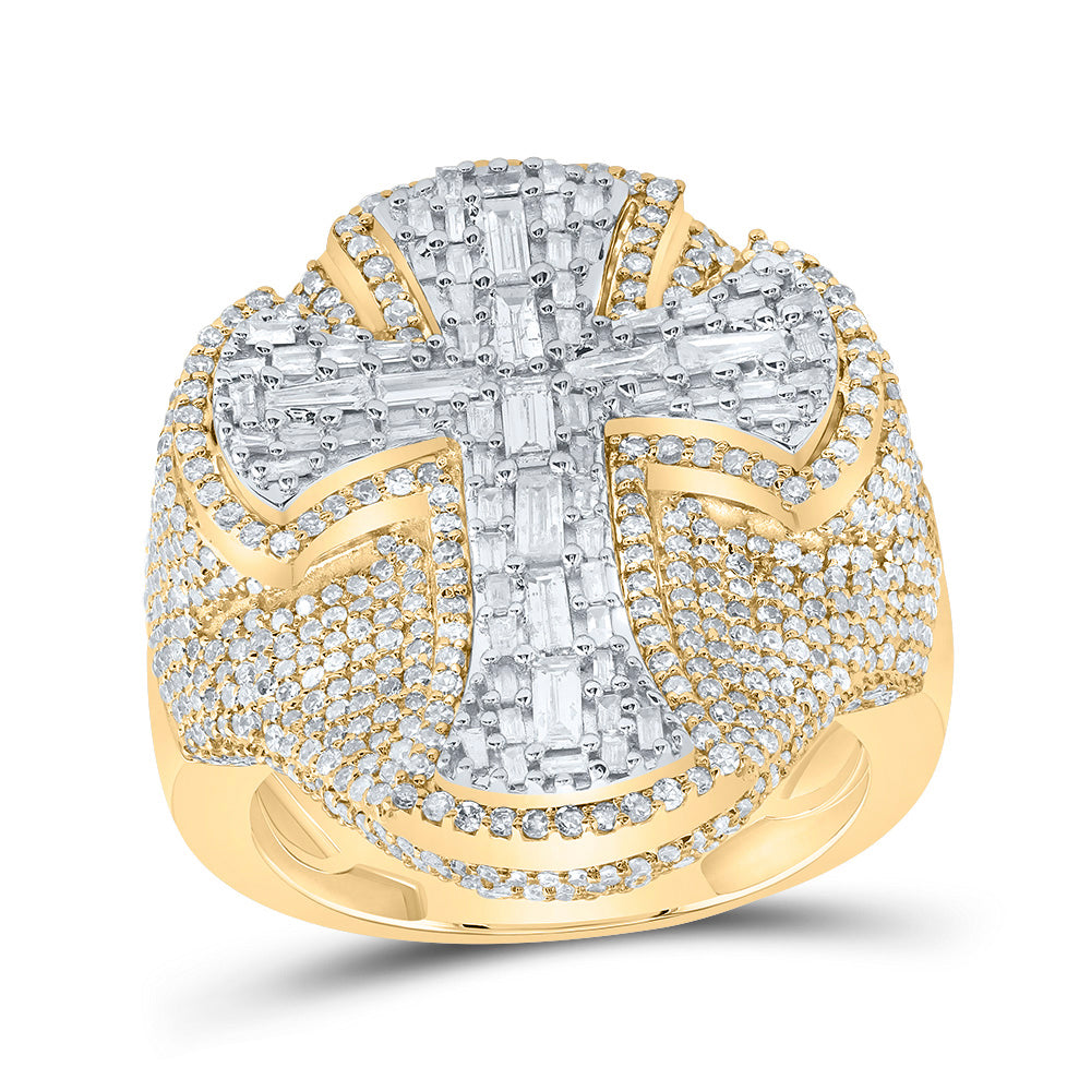 10kt Yellow Gold 3 Cttw Diamond Cross Mens Ring, Men Size: 8-12