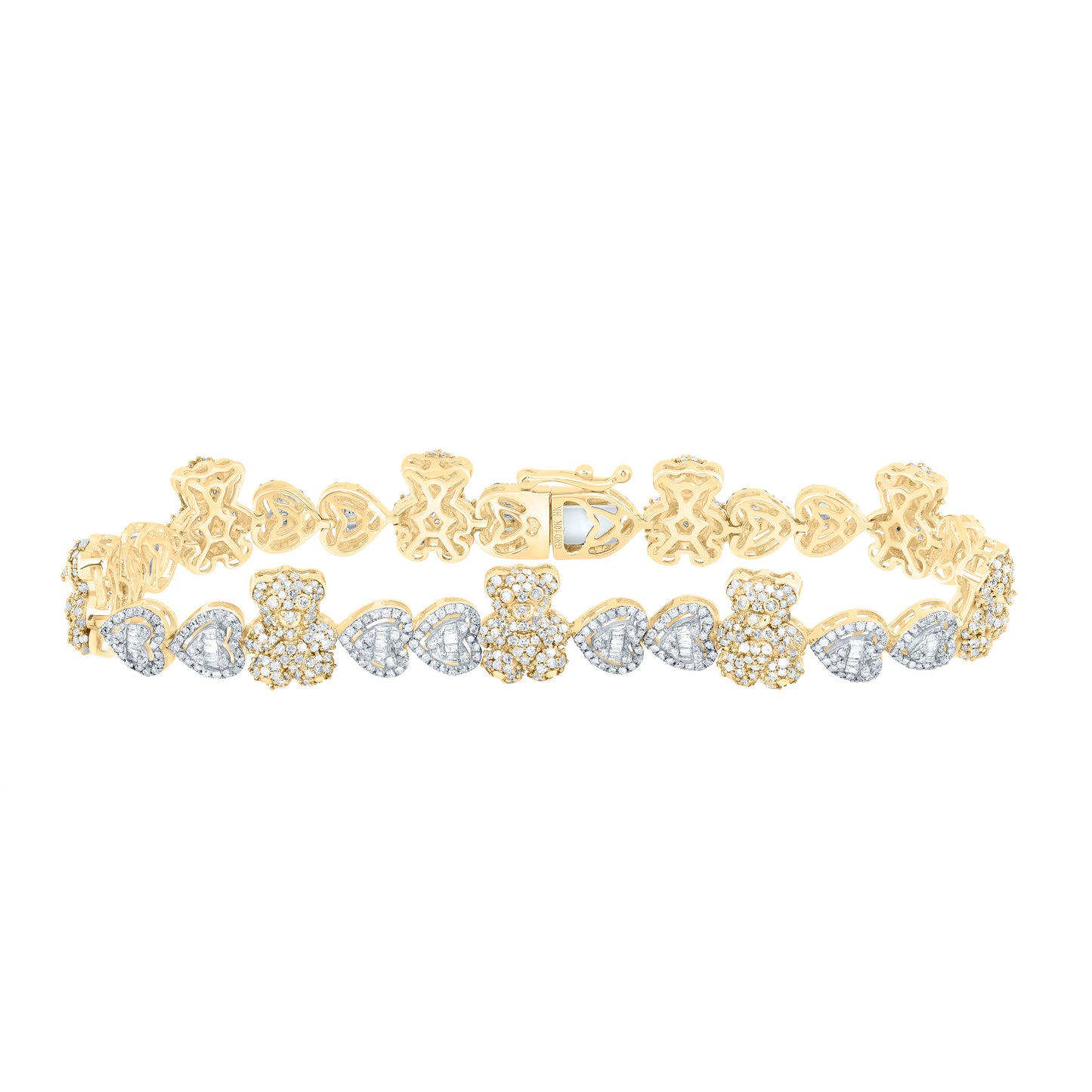 10kt Yellow Gold 3 1/3 Cttw Natural Diamond Teddybear Heart Bracelet, Length: 7 Inch