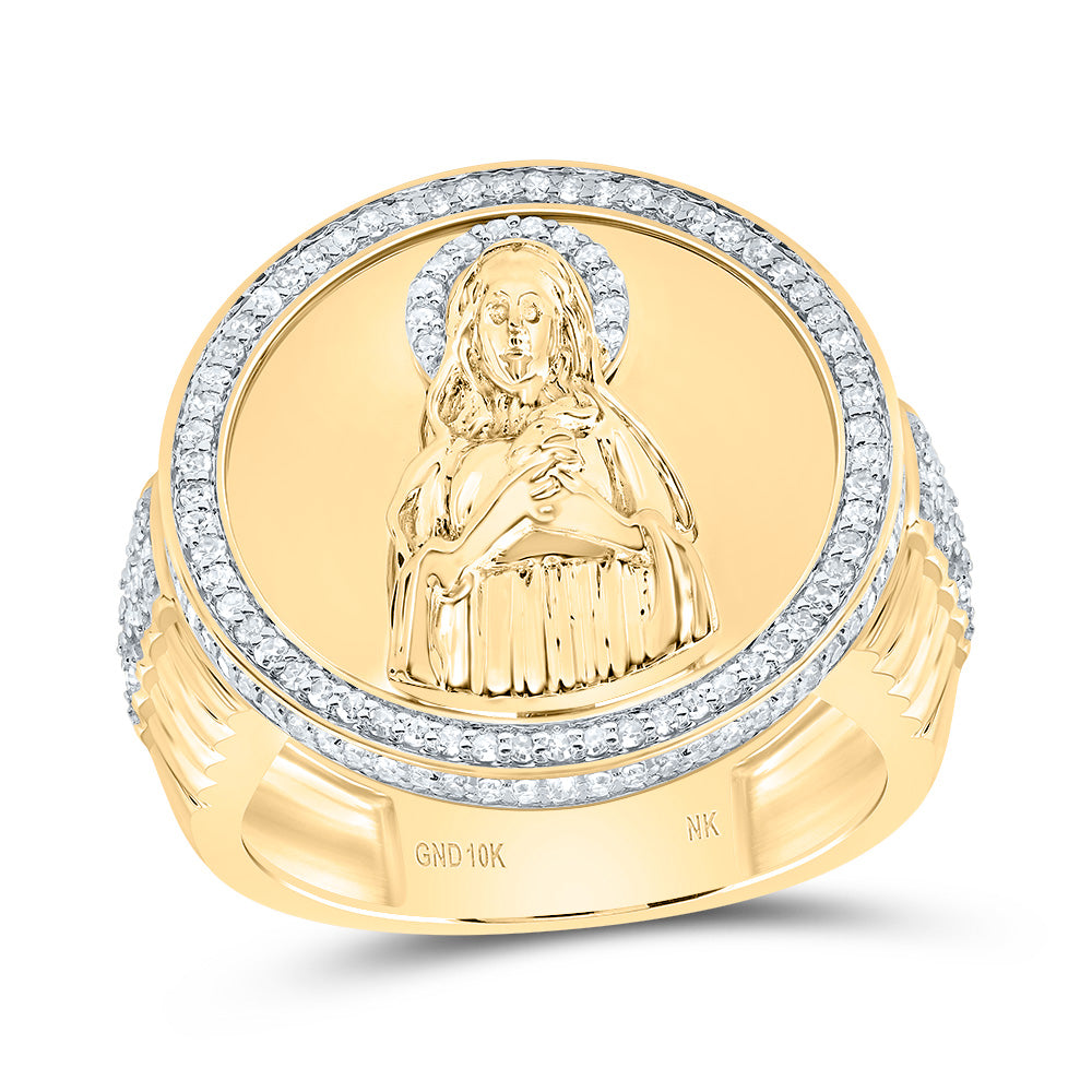 10kt Yellow Gold 5/8 Cttw Diamond Virgin Mother Mary Round Mens Ring, Men Size: 8-12