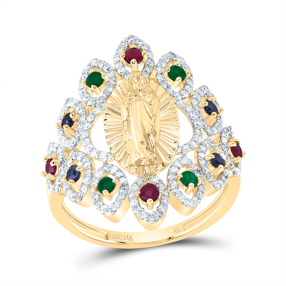 14kt Yellow Gold 1/2 Cttw Diamond and 1/8 Cttw Round ru,1/8 Cttw Round bs,1/10 Cttw Round Emerald Natural Gem Virgin Mother Mary Wedding Engagement Anniversary Ring, Women Size: 5-9