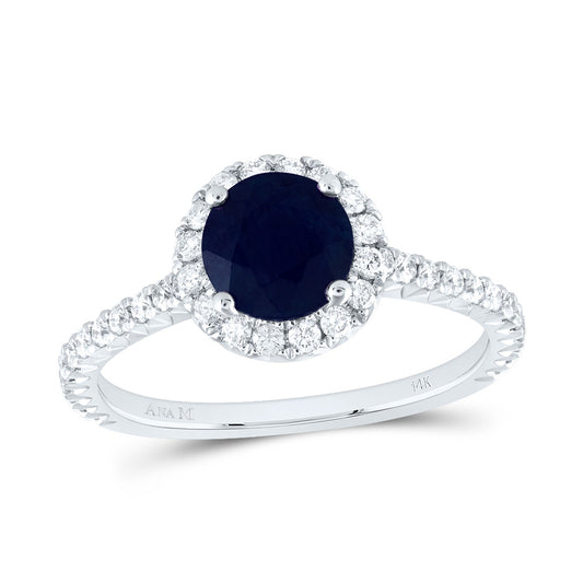 14kt White Gold 1/2 Cttw Diamond Ana M 6.5mm Round Blue Sapphire Natural Gem Single Halo Wedding Engagement Anniversary Ring, Women Size: 5-9
