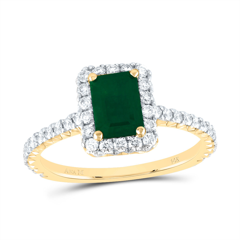 14kt Yellow Gold 1/2 Cttw Diamond Ana M 7x5mm-o Cttw Emerald Natural Gem Single Halo Wedding Engagement Anniversary Ring, Women Size: 5-9