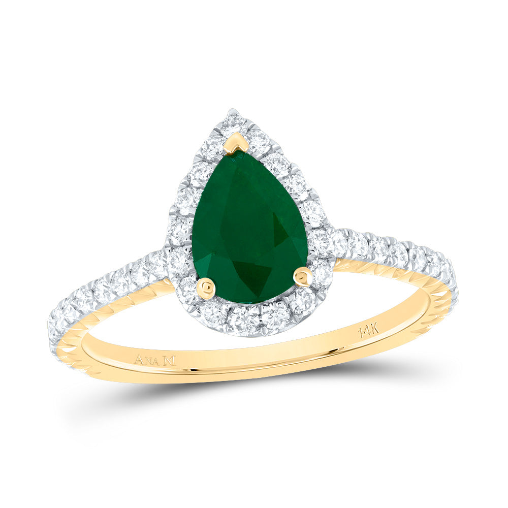 14kt Yellow Gold 1/2 Cttw Diamond Ana M 8x5.5mm Pear Emerald Natural Gem Single Halo Wedding Engagement Anniversary Ring, Women Size: 5-9