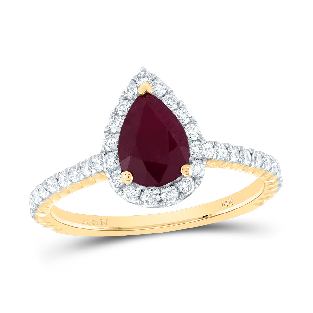 14kt Yellow Gold 1/2 Cttw Diamond Ana M 8x5.5mm-ps Ruby Natural Gem Single Halo Wedding Engagement Anniversary Ring, Women Size: 5-9