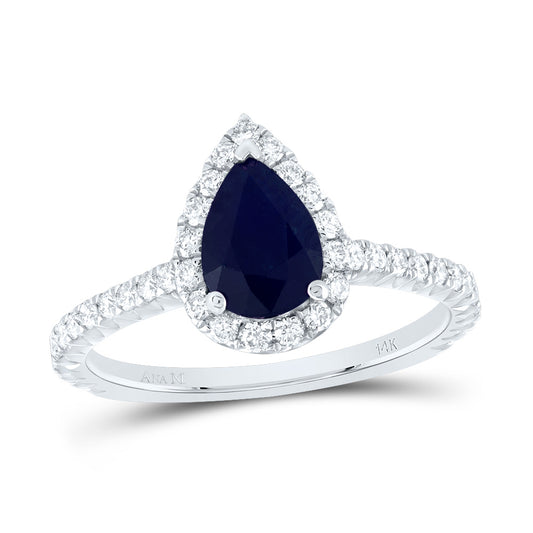 14kt White Gold 1/2 Cttw Diamond Ana M 8x5.5mm-ps Blue Sapphire Natural Gem Single Halo Wedding Engagement Anniversary Ring, Women Size: 5-9
