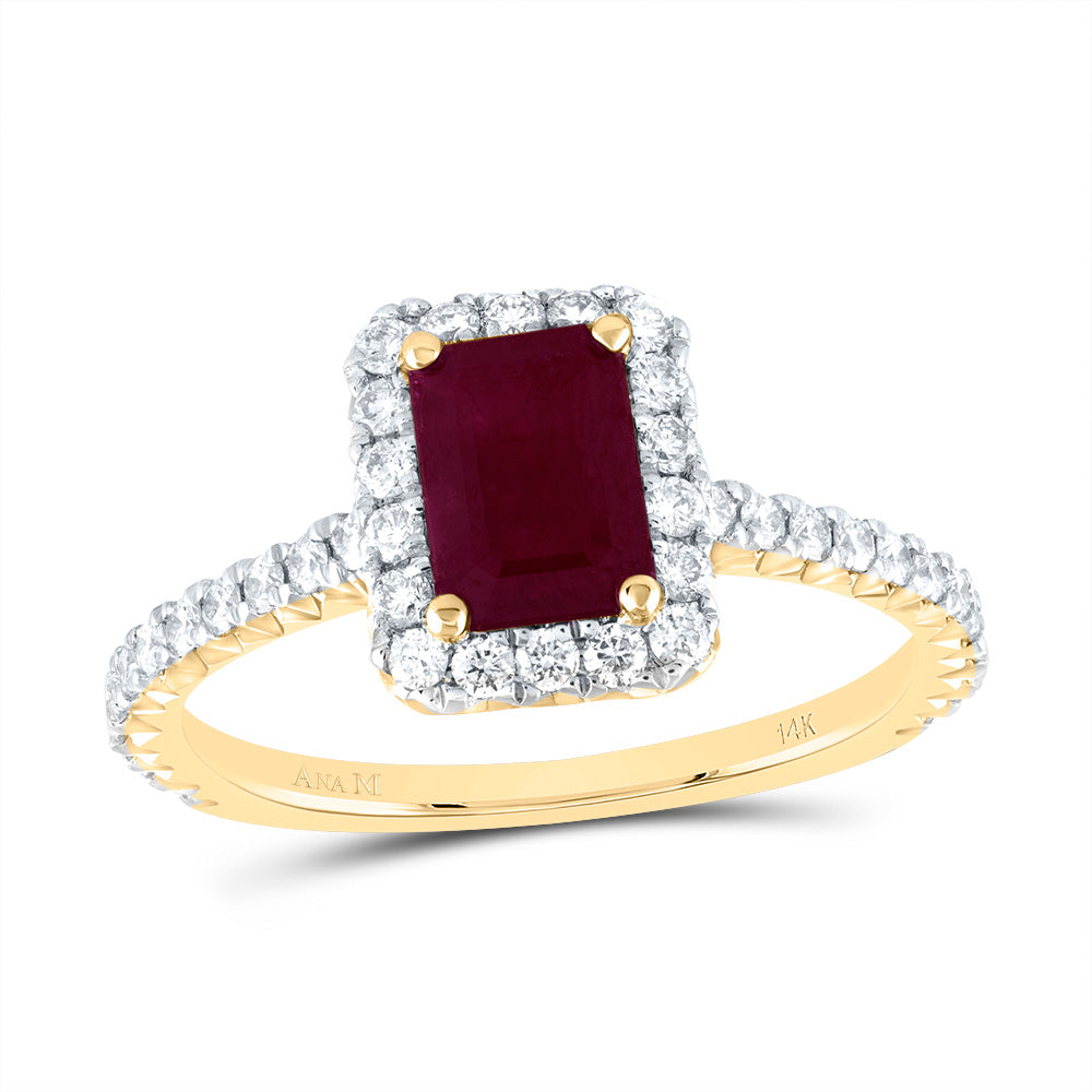 14kt Yellow Gold 1/2 Cttw Diamond Ana M 7x5mm-o Cttw Ruby Natural Gem Single Halo Wedding Engagement Anniversary Ring, Women Size: 5-9