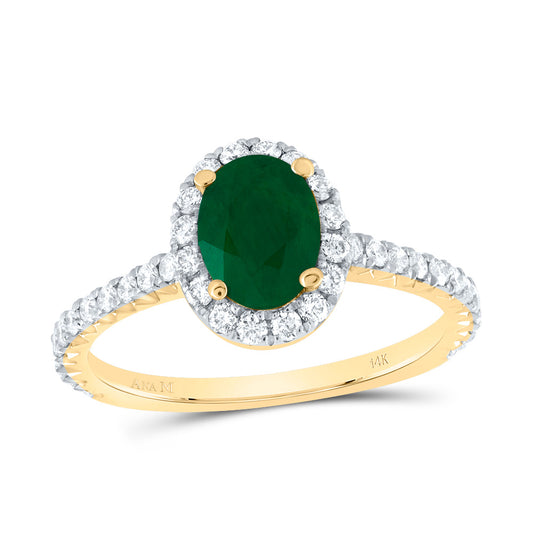 14kt Yellow Gold 1/2 Cttw Diamond Ana M 7.5x5.5mm Oval Emerald Natural Gem Single Halo Wedding Engagement Anniversary Ring, Women Size: 5-9