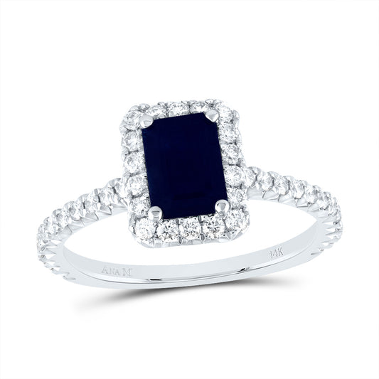 14K White Gold 1/2 Ctw Diamond 7X5MM Octagon Blue Sapphire Natural Gem Single Halo Engagement Ring, Womens Size: 5-9