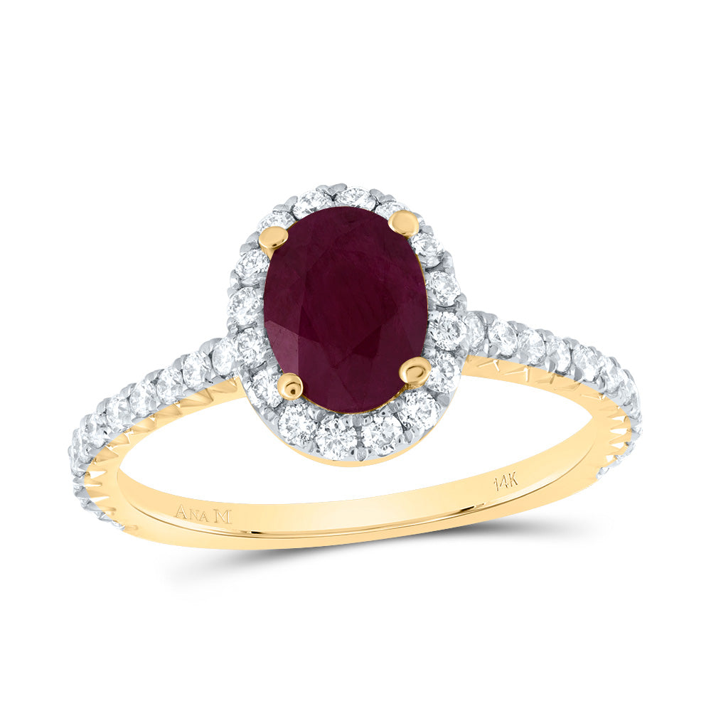 14kt Yellow Gold 1/2 Cttw Diamond Ana M 7.5x5.5mm Oval Ruby Natural Gem Single Halo Wedding Engagement Anniversary Ring, Women Size: 5-9