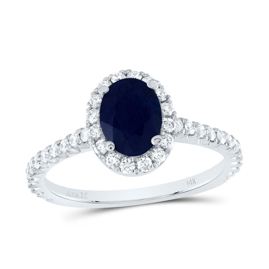 14kt White Gold 1/2 Cttw Diamond Ana M 7.5x5.5mm Oval Blue Sapphire Natural Gem Single Halo Wedding Engagement Anniversary Ring, Women Size: 5-9