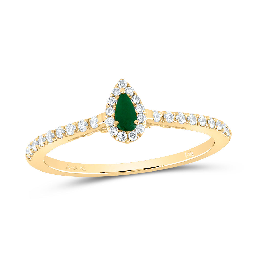 14kt Yellow Gold 1/6 Cttw Diamond Ana M 4x2mm Pear Emerald Natural Gem Pear Wedding Engagement Anniversary Ring, Women Size: 5-9