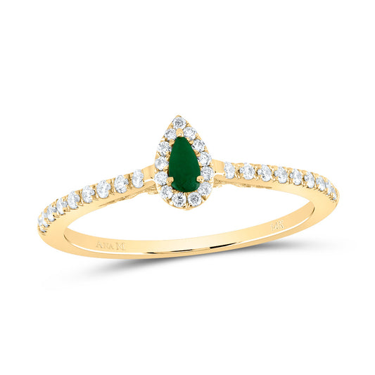14kt Yellow Gold 1/6 Cttw Diamond Ana M 4x2mm Pear Emerald Natural Gem Pear Wedding Engagement Anniversary Ring, Women Size: 5-9