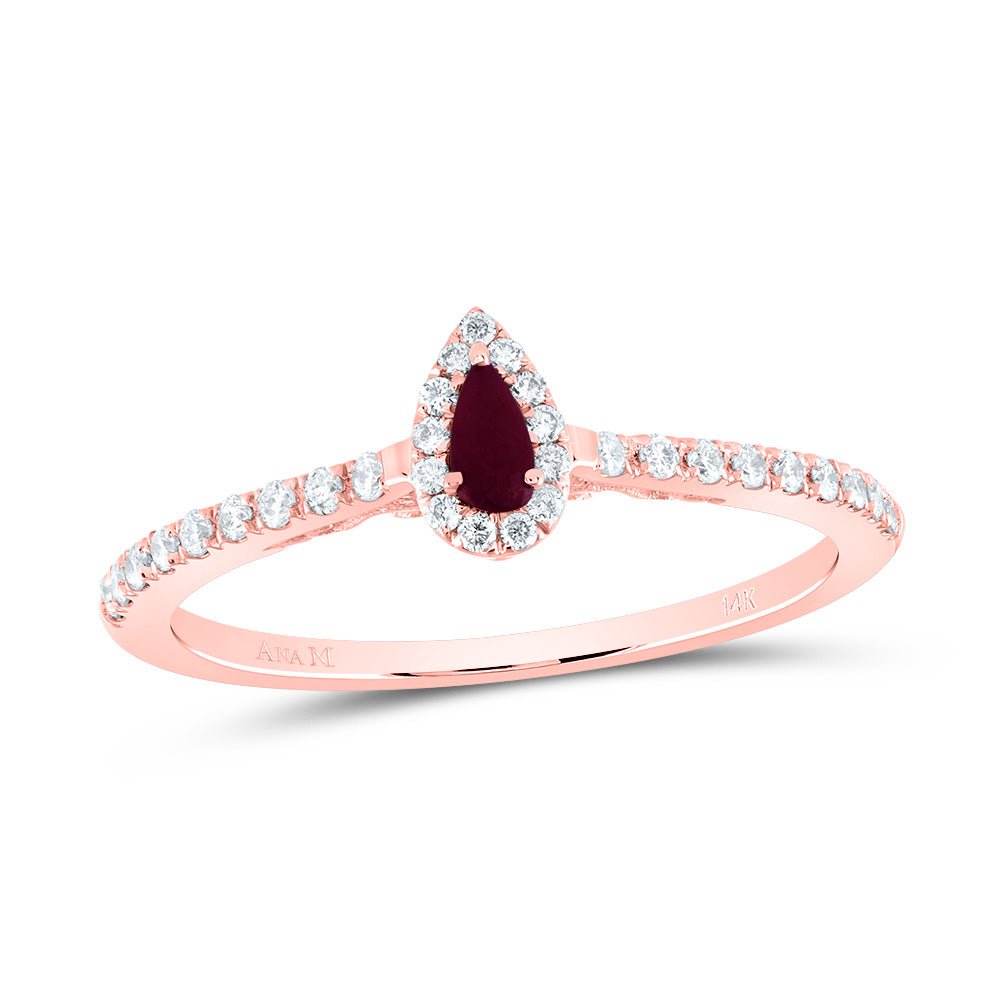 14kt Rose Gold 1/6 Cttw Diamond Ana M 4x2mm Pear Ruby Natural Gem Pear Wedding Engagement Anniversary Ring, Women Size: 5-9