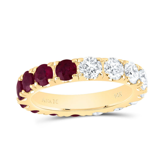 14kt Yellow Gold 2 Cttw Diamond Ana M and 1 7/8 Cttw Round Ruby Natural Wedding Engagement Anniversary Gem Ring, Women Size: 5-9