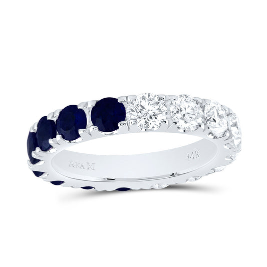 14kt White Gold 2 Cttw Diamond Ana M 2 Cttw Round Blue Sapphire Natural Wedding Engagement Anniversary Gem Ring, Women Size: 5-9