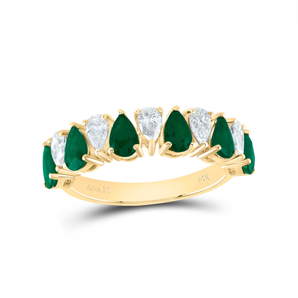 14kt Yellow Gold 5/8 Cttw Diamond Ana M and 1 Cttw Pear Emerald Natural Wedding Engagement Anniversary Gem Ring, Women Size: 5-9