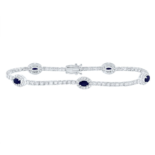 14kt White Gold 2 1/3 Cttw Diamond Ana M and 1 1/2 Cttw Oval Blue Sapphire Natural Gem Fashion Bracelet, Length: 7 Inch