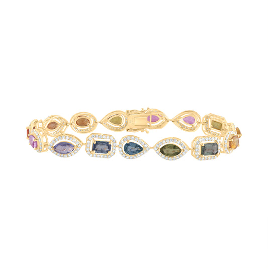 14kt Yellow Gold 1 7/8 Cttw Diamond Ana M 8 Cttw Mq Pear em Oval Natural Gem Multicolor Sapphire Bracelet, Length: 7 Inch