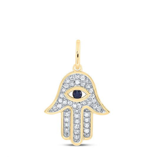 10kt Yellow Gold 1/6 Cttw Diamond 2mm Round Blue Sapphire Natural Gem Evil Eye Hamsa Pendant