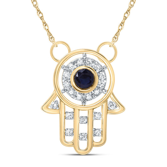 10kt Yellow Gold 1/12 Cttw Diamond 3mm Round Blue Sapphire Natural Gem Hamsa Necklace, Length: 18 Inch