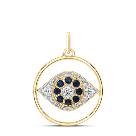 10kt Yellow Gold 1/10 Cttw Diamond and 1/3 Cttw Round Blue Sapphire Natural Gem Evil Eye Round Pendant