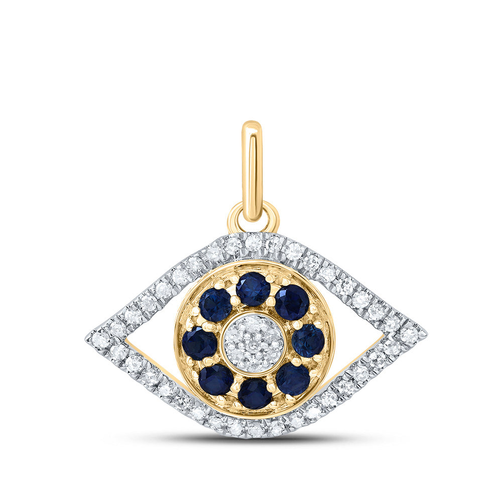 10kt Yellow Gold 1/6 Cttw Diamond and 1/3 Cttw Round Blue Sapphire Natural Gem Evil Eye Pendant
