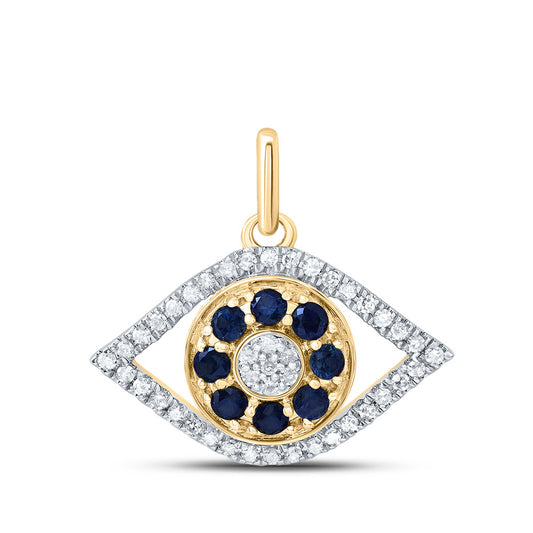10kt Yellow Gold 1/6 Cttw Diamond and 1/3 Cttw Round Blue Sapphire Natural Gem Evil Eye Pendant