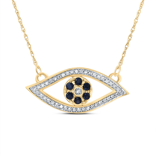 10kt Yellow Gold 1/6 Cttw Diamond and 1/4 Cttw Round Blue Sapphire Natural Gem Evil Eye Necklace, Length: 18 Inch