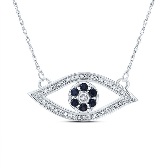 10kt White Gold 1/6 Cttw Diamond and 1/4 Cttw Round Blue Sapphire Natural Gem Evil Eye Necklace, Length: 18 Inch