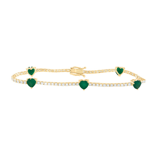 14kt Yellow Gold 1 1/2 Cttw Diamond Ana M 3 Cttw Ht Emerald Natural Gem Fashion Heart Bracelet, Length: 7 Inch