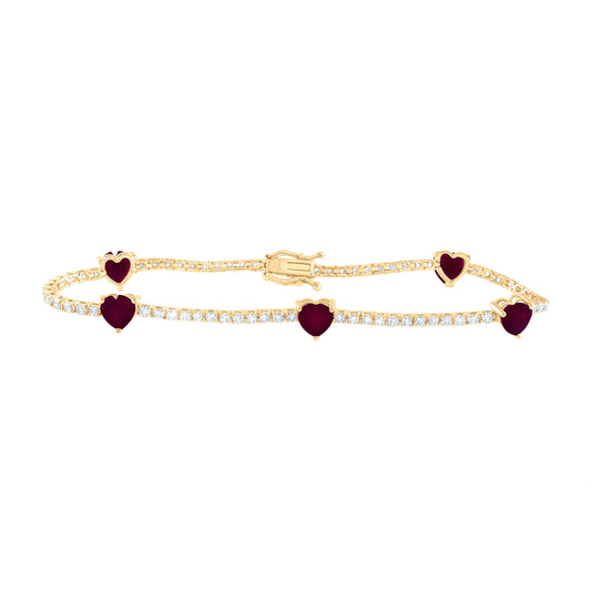 14kt Yellow Gold 1 1/2 Cttw Diamond Ana M 3 1/3 Cttw Ht Ruby Natural Gem Fashion Heart Bracelet, Length: 7 Inch