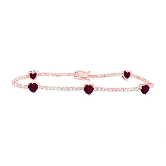 14kt Rose Gold 1 1/2 Cttw Diamond Ana M 3 1/3 Cttw Ht Ruby Natural Gem Fashion Heart Bracelet, Length: 7 Inch