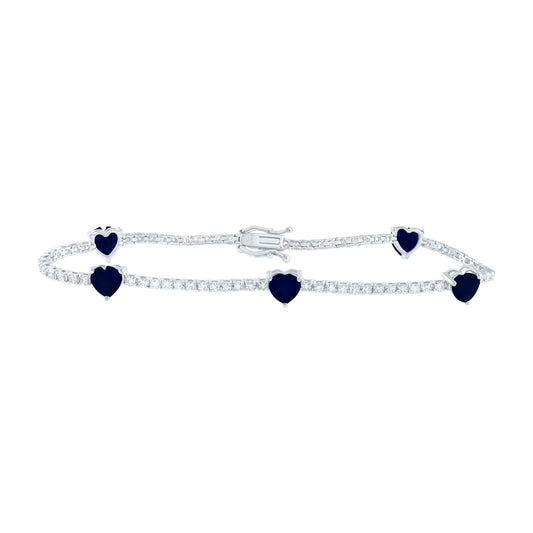 14kt White Gold 1 1/2 Cttw Diamond Ana M 3 1/2 Cttw Ht Blue Sapphire Natural Gem Fashion Heart Bracelet, Length: 7 Inch