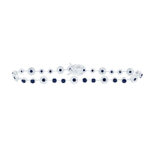 14kt White Gold 7/8 Cttw Diamond Ana M 2 Cttw Round Blue Sapphire Natural Gem Fashion Flower Bracelet, Length: 7 Inch