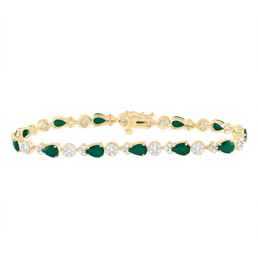 14kt Yellow Gold 1 5/8 Cttw Diamond Ana M 4 Cttw Pear Emerald Natural Gem Fashion Flower Bracelet, Length: 7 Inch