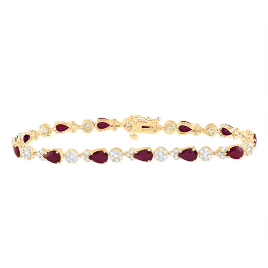 14kt Yellow Gold 1 5/8 Cttw Diamond Ana M 4 3/8 Cttw Pear Ruby Natural Gem Fashion Flower Bracelet, Length: 7 Inch
