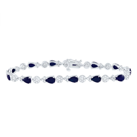 14kt White Gold 1 5/8 Cttw Diamond Ana M 5 7/8 Cttw Pear Blue Sapphire Natural Gem Fashion Flower Bracelet, Length: 7 Inch