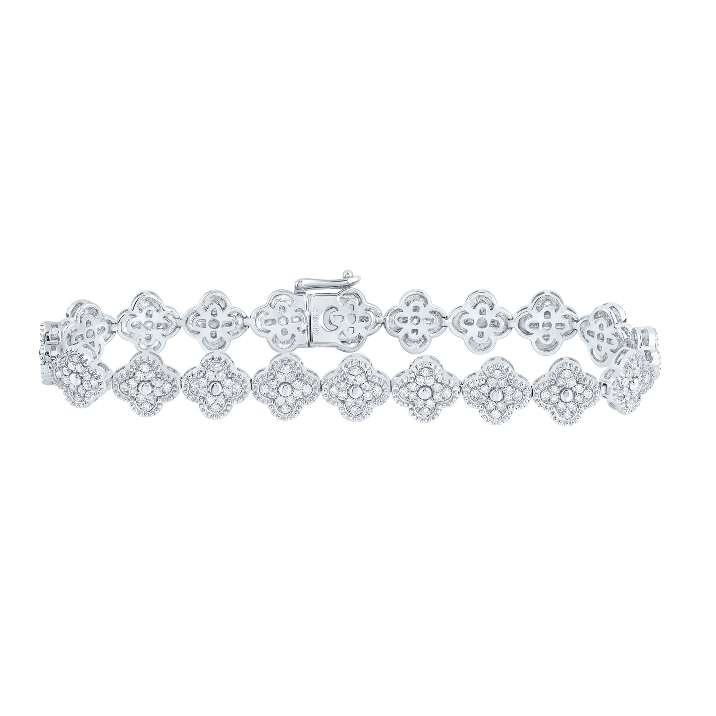 10kt White Gold 1 3/4 Cttw Diamond Fashion Clover Bracelet, Length: 7 Inch