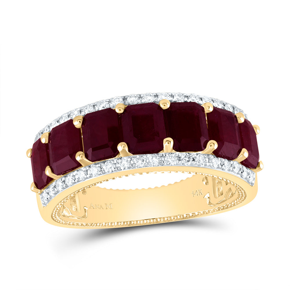 14kt Yellow Gold 1/4 Cttw Diamond Ana M 3 1/4 Cttw-oc Ruby Natural Wedding Engagement Gem Band, Women Size: 5-9