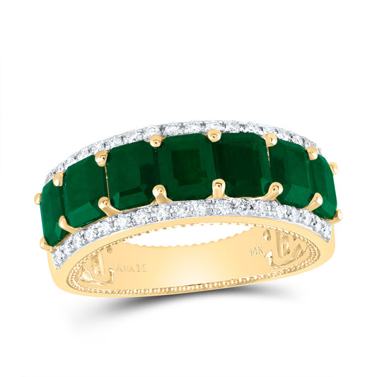 14kt Yellow Gold 1/4 Cttw Diamond Ana M 3 Cttw-oc Emerald Natural Wedding Engagement Gem Band, Women Size: 5-9