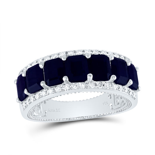 14kt White Gold 1/4 Cttw Diamond Ana M and 3 5/8 Cttw Blue Sapphire Natural Wedding Engagement Gem Band, Women Size: 5-9