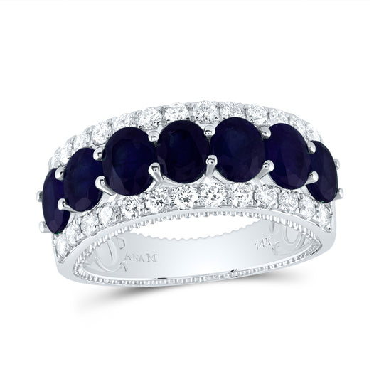 14kt White Gold 5/8 Cttw Diamond Ana M 3 Cttw Oval Blue Sapphire Natural Wedding Engagement Gem Band, Women Size: 5-9