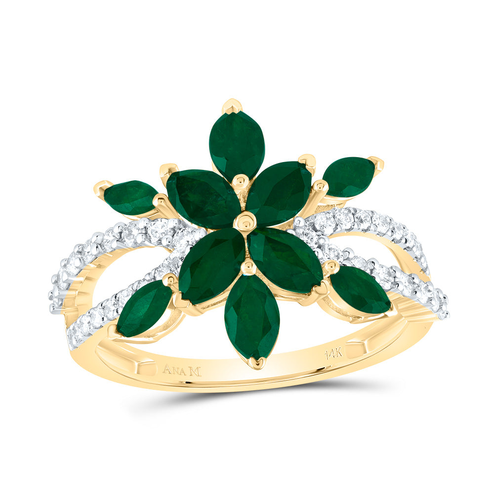 14kt Yellow Gold 1/3 Cttw Diamond Ana M and 1 3/8 Cttw Marquise Emerald Natural Wedding Engagement Anniversary Gem Ring, Women Size: 5-9