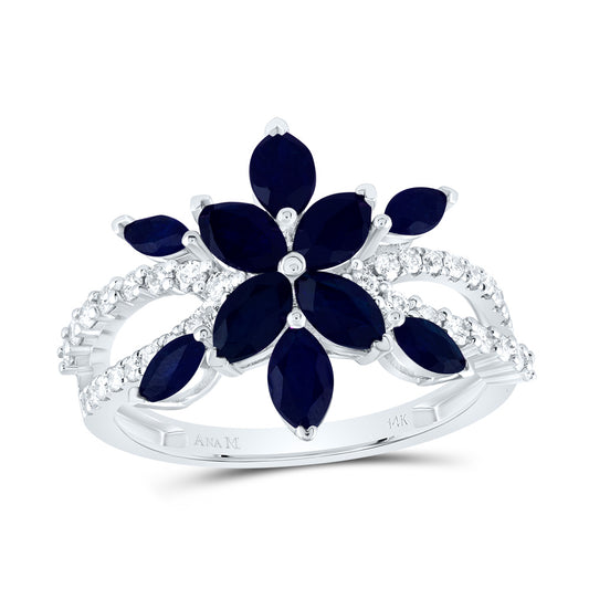 14kt White Gold 1/3 Cttw Diamond Ana M 2 1/3 Cttw-mq Blue Sapphire Natural Wedding Engagement Anniversary Gem Ring, Women Size: 5-9