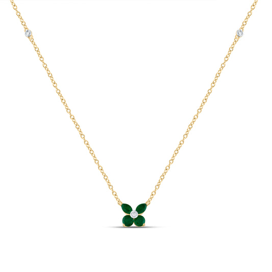 14kt Yellow Gold 0.02 Cttw Diamond Ana M and 1/8 Cttw-Marquise-em, 1/6 Cttw Round Emerald Natural Gem Necklace, Length: 18 Inch