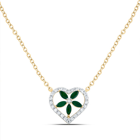 14kt Yellow Gold 1/6 Cttw Diamond Ana M and 1/5 Cttw-Marquise Emerald Natural Gem Necklace, Length: 18 Inch