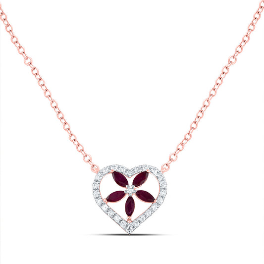 14kt Rose Gold 1/6 Cttw Diamond Ana M and 1/4 Cttw-Marquise Ruby Natural Gem Necklace, Length: 18 Inch
